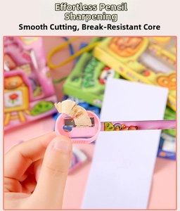 Pink manual pencil sharpener with cartoon purple pencils for school kids stationery set