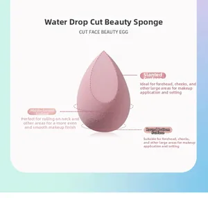 Detail of pink teardrop makeup sponge with labeled sections for precise face application