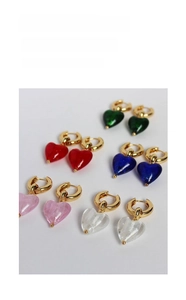 Collection of colorful Murano glass heart earrings in blue, red, green, and pink colors