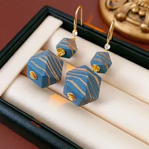 Geometric Blue Wood Bead Dangle Earrings With Zircon And Silver Earring Post Bohemian Vintage Jewelry For Women