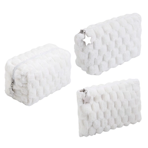 Soft plush white checkered cosmetic bag with star pendant for travel wash storage