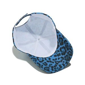 Detail view of the interior blue leopard print baseball cap with stitch reinforcement