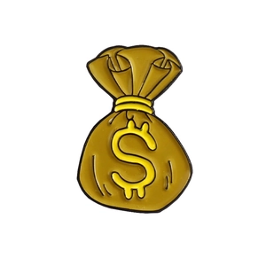 Cartoon money bag enamel pin with dollar sign and yellow finish on white background