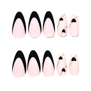French tip almond press-on nails with black heart patterns and pink base color set