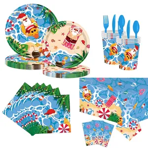 Summer Christmas party tableware set with surfing Santa Claus and palm leaf motifs