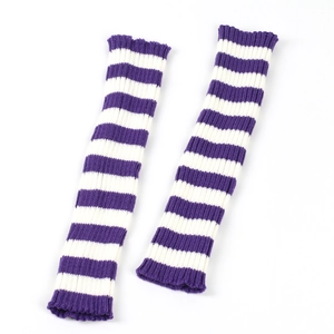 Detail of purple and white striped knit leg warmers showing ribbed cuffs and texture