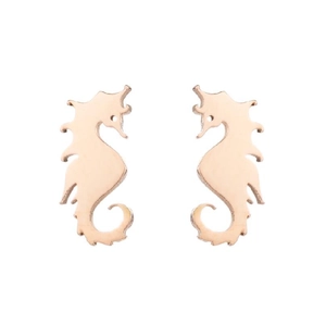 Minimalist seahorse stud earrings in rose gold finish with polished metal surface