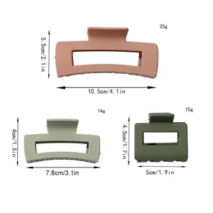 Matte hair claw clips in three sizes and colors with detailed dimension specifications