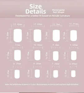 Detailed size chart for square press-on nails showing 12 sizes with precise measurements