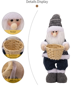 Detailed display of Santa doll features including nose, bamboo basket, and velcro closure