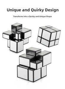 Close-up of silver mirror cube in both solved and irregular scrambled geometric shapes