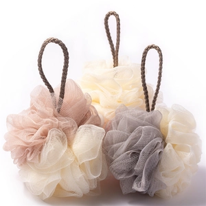 Soft large mesh bath loofah sponge set in pink, beige and grey with hanging ropes