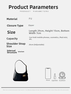 Detailed size specifications and capacity chart for the black PU leather shoulder bag