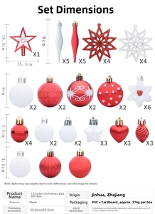 Detailed size chart for 58pcs red and white Christmas tree ornament set dimensions
