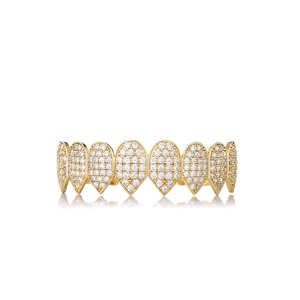 Detailed macro view of gold-plated hip hop grillz with full white diamond encrusting