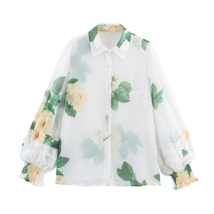 Chemisier En Mousseline Pour Femmes Imprimé Floral Rose Manches Lanternes Bordure À Volants Chemise Élégante Boutonnée