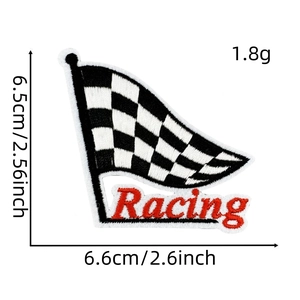 Detailed view of racing flag embroidery patch with dimensions and weight display
