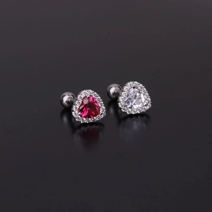 16G stainless steel heart stud earrings with red and white cubic zirconia stones