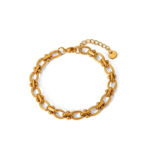 Detail view of 18K gold plated stainless steel anchor chain bracelet with lobster clasp