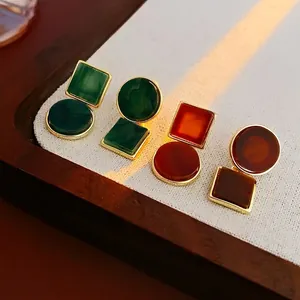 Asymmetrical Geometric Stud Earrings With Silver Earring Post Copper Acetate Round Square French Retro Women Jewelry