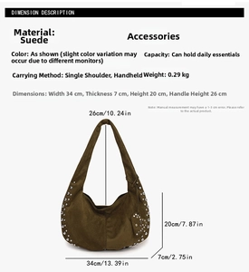 Guide des tailles détaillé pour le sac d'épaule en suède avec rivets et dimensions exactes