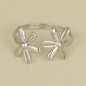 Close-up of a double flower 304 stainless steel open ring with silver polished finish