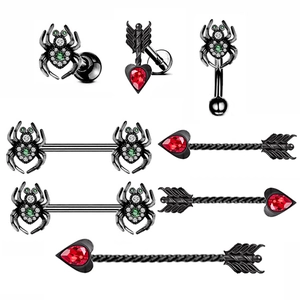 Boucles d'Oreilles Clous Araignée en Acier Titane Anneaux de Mamelon Flèche de Cœur Bijoux de Piercing Strass Unisexe Punk Gothique