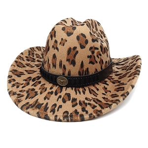 Classic leopard print western cowboy hat with brown felt and a bull head metal buckle