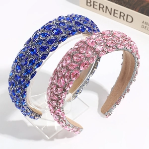 Baroque crystal headbands in blue and pink rhinestones on silver base with beige lining