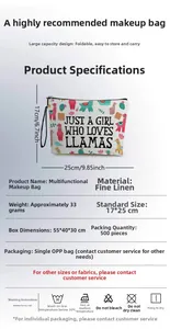 Detailed size specifications of the alpaca print linen makeup bag showing 17x25cm dimensions