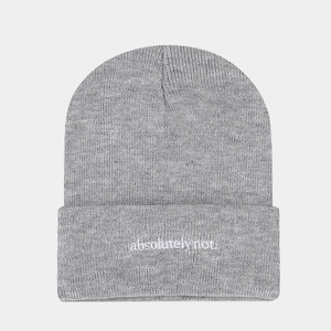 Close-up of gray knit beanie featuring white 'absolutely not.' embroidery detail