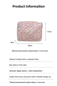 Detailed size chart of a quilted pink floral makeup bag with 24x17x8cm dimensions