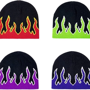 Flame Pattern Jacquard Knit Beanie Hat Acrylic Warm Winter Streetwear Hip Hop Style