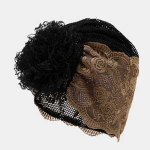 Detail of breathable lace flower beanie featuring intricate rose patterns and mesh layers