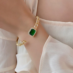 Elegant Open Cuff Bangle For Women With Emerald Cut Green Zirconia Gold Plated Copper Luxury Jewelry Accessories