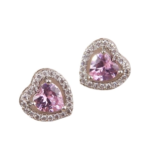 Elegant copper heart stud earrings with pink zircon stone and halo white diamonds