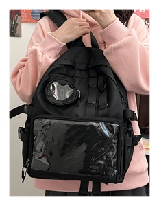 Detail view of black nylon backpack with heart-shaped transparent PVC display window