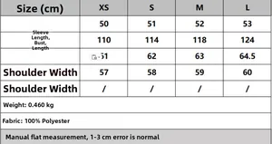 Size chart for women teddy fleece jacket showing XS-L measurements in centimeters