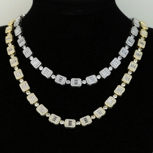 Detailed view of gold and silver hip-hop necklaces with 10x8mm rectangular zircons