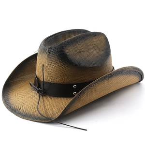 Classic Western jazz cowboy hat with bull horn leather belt and vintage braided texture