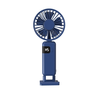 Navy blue portable handheld USB fan with digital display and detachable base stand