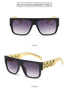 Front and side views of punk style sunglasses featuring chunky gold chain metal temples