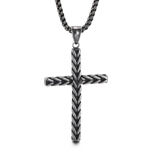 Minimalist silver wheat pattern cross pendant necklace with square link chain for men
