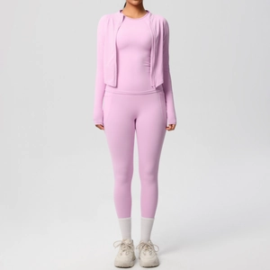Detailed front view of pink yoga set with zip jacket, top and high waist leggings