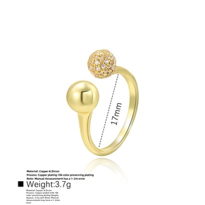 Detailed view of 18k gold plated open ring with cubic zirconia sphere and weight specs