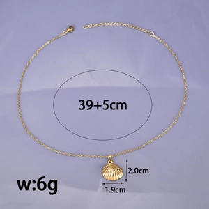 Golden stainless steel shell pendant necklace with starfish charm on purple background
