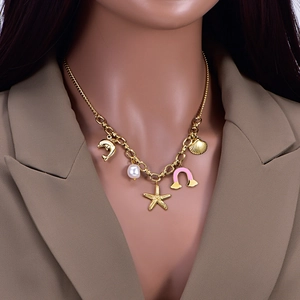 Ocean Theme Charm Necklace Gold Plated Titanium Steel Dolphin Starfish Shell Enamel Rainbow Faux Artificial Pearl Jewelry Women