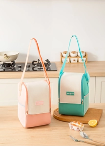 Close-up of insulated lunch bag with adjustable shoulder strap and side mesh pocket