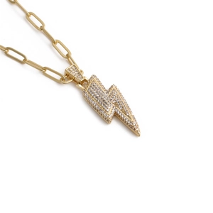 Hip hop style gold lightning bolt pendant with sparkling zircons on paperclip chain necklace
