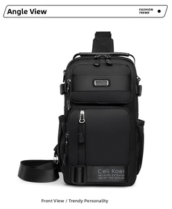Detailed front view of black crossbody bag featuring multiple zipper pockets and wide strap